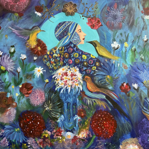 "Spring" In this vibrant painting, I captures the essence of woman embracing the arrival of spring, symbolizing life, freshness, and freedom. The delicate brushstrokes weave a tapestry of blossoming flowers, reflecting the renewal of nature and the spirit of femininity. The composition harmoniously incorporates a poem by Rumi, intertwining his words with the visual narrative, inviting viewers to contemplate the profound connection between the beauty of nature and the liberated soul.